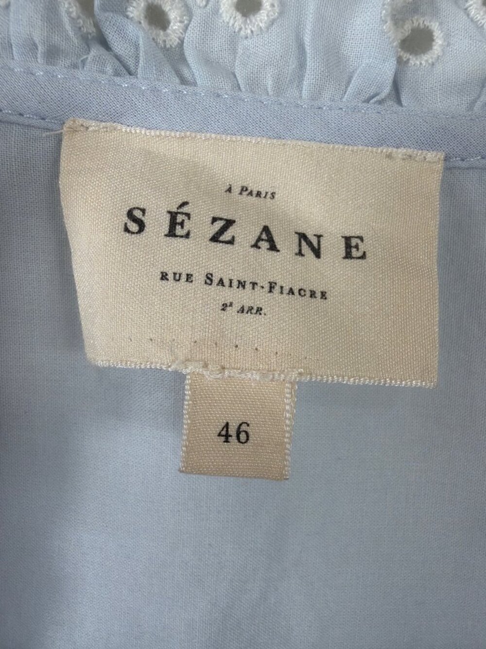 Sézane Irma Shirt Light Blue Ecru Embroidered Ruffle Blouse Size FR 46/ US 14 - Picture 10 of 16